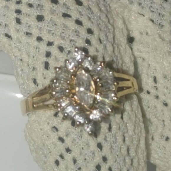 Cluster Ring Gold Plated over 925 Sterling Silver Marquise Cut Cubic Zirconia - Picture 3 of 9